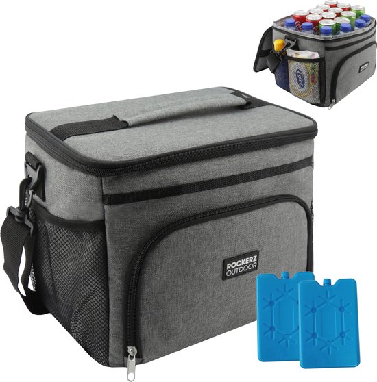 Rockerz Koeltas - 4 laags geïsoleerde - Incl. 2 koelelementen - 15 liter - Lunchtas - Picknicktas - Capaciteit voor 24x 33 cl blikken of 12x 33 cl flesjes - Slijtvast en duurzaam materiaal - Waterdicht en vuilafstotend - kleur: Grijs van Rockerz