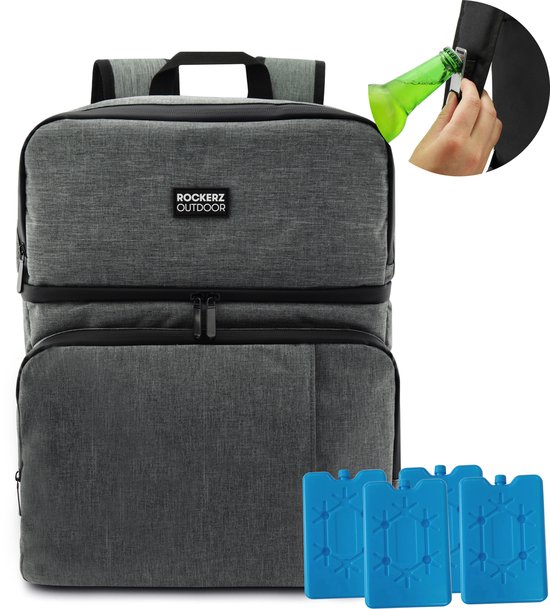 Rockerz Koeltas rugzak - 4 laags geïsoleerde - Incl. 4 koelelementen - 28 liter - Lunchtas - Picknicktas - Capaciteit voor 40x 33 cl blikken of 25x 33 cl flesjes - Slijtvast en duurzaam materiaal - Waterdicht en vuilafstotend - Kleur: Grijs