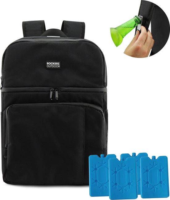 Rockerz Koeltas rugzak - 4 laags geïsoleerde - Incl. 4 koelelementen - 28 liter - Lunchtas - Picknicktas - Capaciteit voor 40x 33 cl blikken of 25x 33 cl flesjes - Slijtvast en duurzaam materiaal - Waterdicht en vuilafstotend - Kleur: Zwart van Rockerz.
