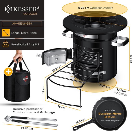 Rocket stove - grillpan van gietijzer met draagtas - BBQ - kooktoestel voor camping, campinggrill, roestvrij staal (zwart) van InnovaGoods