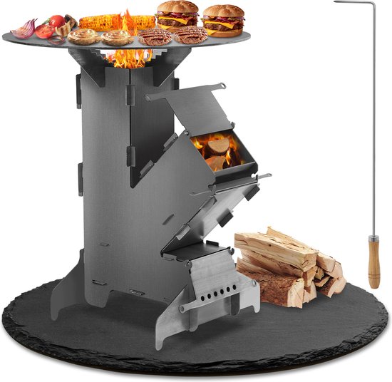Rocket stove Kachel Kooktoestel Campingkooktoestellen Kookset Buiten Koken BBQ incl. grillplaat en firepitpook van Merkloos