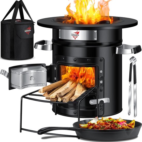 Rocket Stove met Gietijzeren Grillpan en Draagtas - Ideaal voor Camping en BBQ van Vaggan