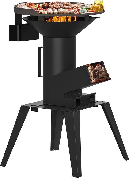 Rocket Stove met Grillplaat, Grillrooster en Pannenrooster, Draagbare Houtgestookte Campingkachel, 3 en 1 Multi-Function BBQ Grillen Campinggrill, Kooktoestel, Houtkachel