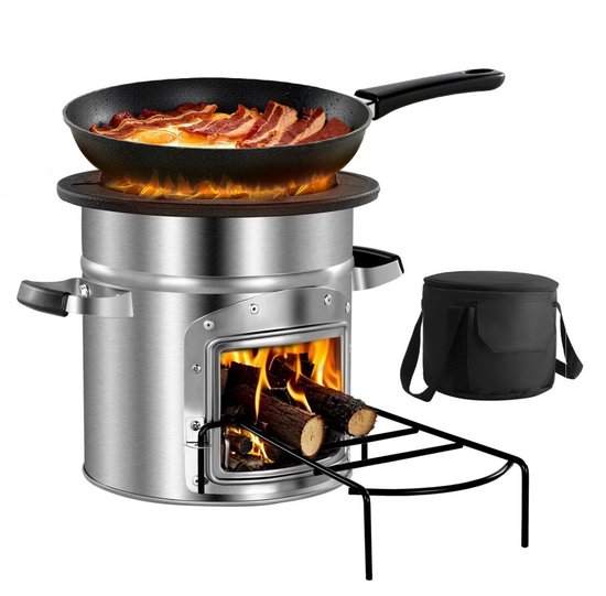 Rocket Stove / Rocketkachel - Camping Houtkachel & BBQ - Roestvrij Staal - Met Draagtas - Enkele Deur - Voor Takjes, Stokjes en Houtskool - Buiten Koken en Kamperen