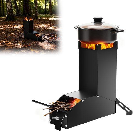 Rocket Stove RVS vuurschaal open haard - Draagbare kampeerhoutkachel, kampeerkachel met tas, kampeerkachel en terraskachel. Campinggrill voor BBQ, wandelen, tuin, zwart