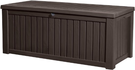 Rockwood Kussenbox – 570 Liter Opbergbox – Weerbestendige Tuinbox – Bruin – Kunststof – Voor Tuinkussens Speelgoed En Tuingereedschap – Met Deksel En Slotmogelijkheid van Keter