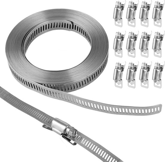 Roestvrij staal 304 slangklemmen set - 5 m lengte - 12 stuks - instelbaar - tank, huisgasbuis, waterbuis, koeler van TS24