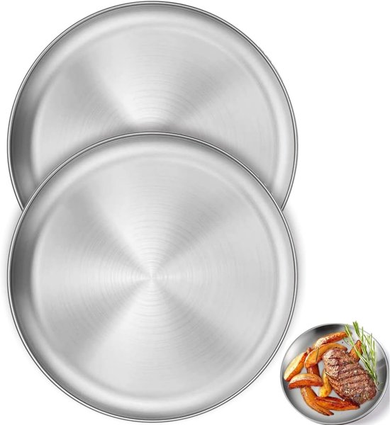 Roestvrij stalen rond servies - 2 stuks campingborden - roestvrijstalen borden - diameter 20 cm - metalen platte borden voor steaksalade - voor camping - picknick - eetkamer - keuken - feest