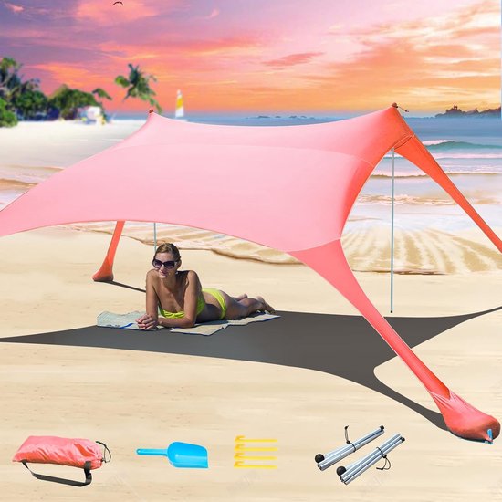 Roestvrije Strandtent 213x213 cm - UPF50+ Zonnescherm met Verstelbare Palen voor Camping, Vissen & Picknicks - Lichte & Waterafstotende Luifel in Rood van Merkloos