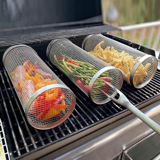 Roestvrijstalen barbecuegrill - Grote verrijdbare barbecuemand,antiaanbaklaag voor vis en groenten, barbecueaccessoires voor buiten, picknick, kampvuur, kamperen, 2-delige set (20 cm)