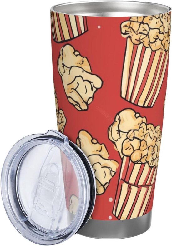 Roestvrijstalen Beker - Geïsoleerde Mok Koffiebeker - Dranken Warm Houden - Dubbelwandige Vacuüm Isolatie - 20 oz - Popcorn Print