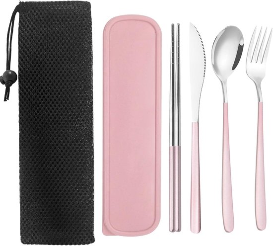 Roestvrijstalen bestekset met koffer- draagbare reis-lunchgebruiksvoorwerpen- herbruikbare vorklepel- mes eetstokjes set voor kantoor- school- reizen- kamperen- picknick- volwassenen