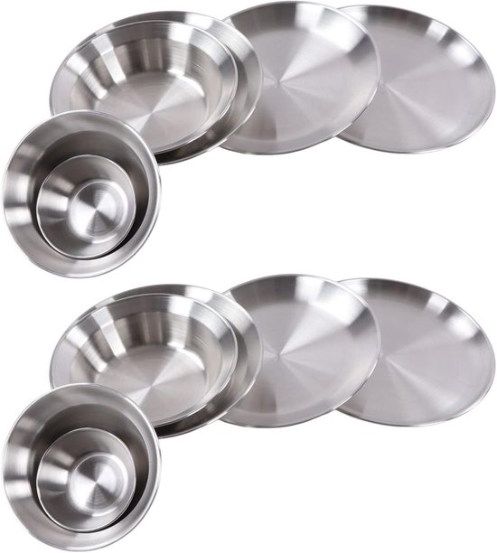 Roestvrijstalen Campingborden en Kommen Set - Draagbaar Servies Kookgerei - Outdoor Opbergtas - 12-delige Kampeer Schotel Set - Backpacken, Kamperen, Wandelen - Strand Servies - RVS Borden - 3,5 tot 9,1 Inch - Buiten Gebruik - Compacte Opbergzak