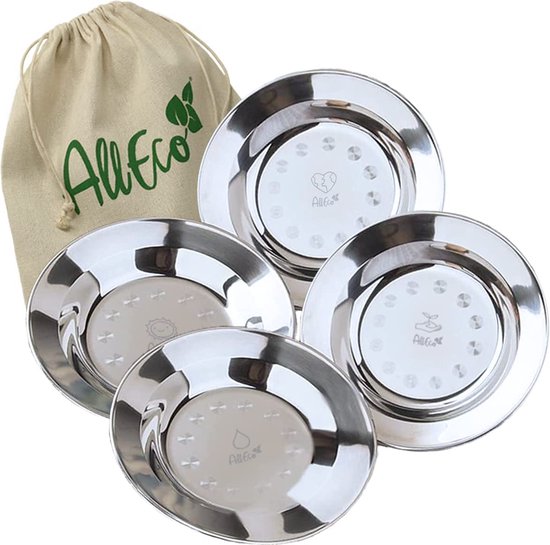 Roestvrijstalen campingbordenset 4 stuks diep 22 cm Ø picknick & camping servies set 4 personen metalen roestvrijstalen borden outdoor uitrusting accessoires campingkeuken duurzaam & plasticvrij van Alpina