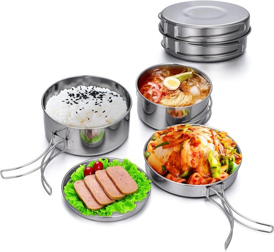 Roestvrijstalen kookgerei set voor op de camping - 4-delig - Kookgerei voor op de camping - Keukengerei - Inclusief draagbaar, opvouwbaar kookgerei en borden - Geschikt voor picknicks, koken op de camping, backpacken en wandelen - Zilverkleurig