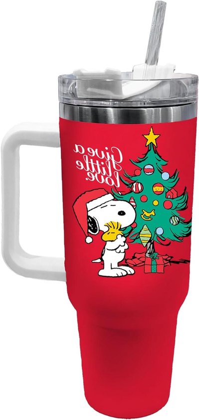 Roestvrijstalen Mok - Dubbelwandige Beker - Warme Koude Dranken - Reisdeksel Schuifslot - 40 oz Capaciteit - Snoopy Kerst