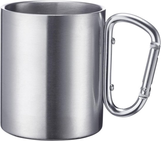 Roestvrijstalen Mok met Karabijnhaak – praktische mok voor op de camping, ideaal voor warme en koude dranken, karabijnhaak voor bevestiging – 300ml, roestvrij staal, aluminium