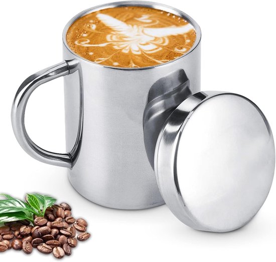 roestvrijstalen mok, thermische beker van roestvrij staal 200 ml, roestvrijstalen koffiebekers van 200 ml, kleine reismok met dubbelwandige beker met deksel en handvat, geïsoleerde bekers