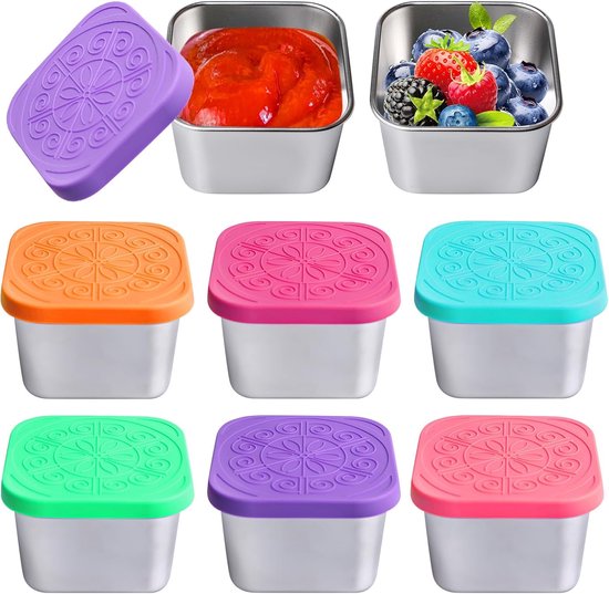 Roestvrijstalen sausbakjes - 60 ml - Vierkante sausbakjes met siliconen deksel - Lekvrije roestvrijstalen sausbakjes - Kleurrijk en lekvrij - Herbruikbaar - Voor sauzen, jam, salades, picknicks, kamperen en afhaalmaaltijden--Set van 6
