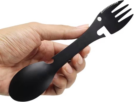 Roestvrijstalen Spork 4-in-1 - Vork, Lepel, Mes & Flesopener - Lichtgewicht 45g - Ideaal voor Kamperen, Hiking & Outdoor