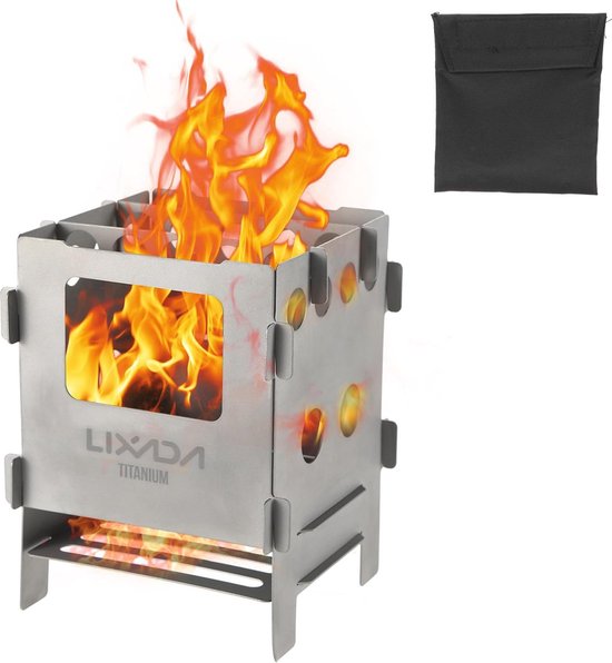 roestvrijstalen/titanium kampeerkachel houtkachel, opvouwbare draagbare hobokachel met opbergtas, mini-houtvergasser voor buiten kamperen, wandelen, picknicken, barbecue enz., 8,2 * 8,1 * 11,6 cm van Lixada