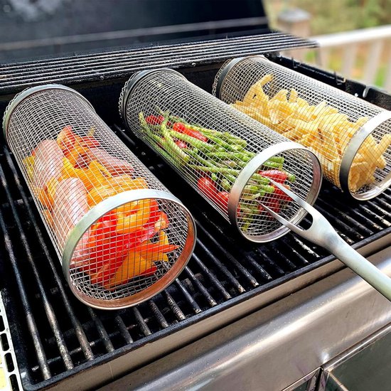 Rollende grillmand voor buiten BBQ roestvrijstalen gaas cilinder - Draagbare groente griller voor camping - Grillmand voor kip garnalen kabob - Vleesbiefstuk mand (30cm) van LANNEY