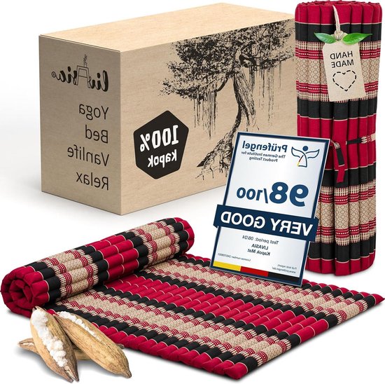 Rolmat Gastenbed - Matras Reizen - Ontspannen Buiten - Handgemaakt Kapok - 200x110cm - Rood Zwart van Merkloos