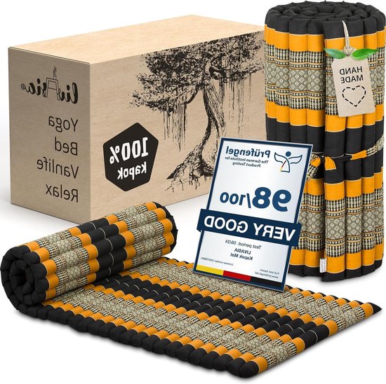 Rolmat Gastenbed - Reisbed Matras - Ontspannen Thuis - Handgemaakt Kapok - 200x75cm - Zwart Oranje