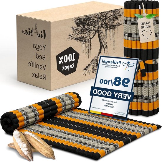 Rolmat Gastenbed - Reisbed Vloerkussen - Ontspannen Buiten - Handgemaakt Kapok Vulling - 200x110x4.5cm - Zwart Oranje