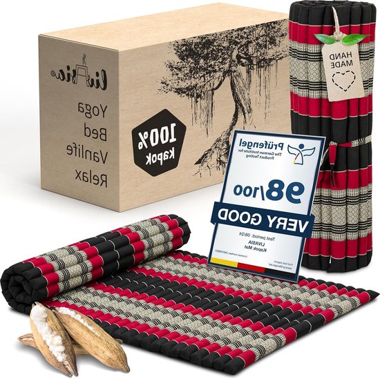 Rolmat Gastenbed - Reisbed Vloerkussen - Ontspannen Buiten - Handgemaakt Kapok Vulling - 200x110x4.5cm - Zwart/Rood van Merkloos