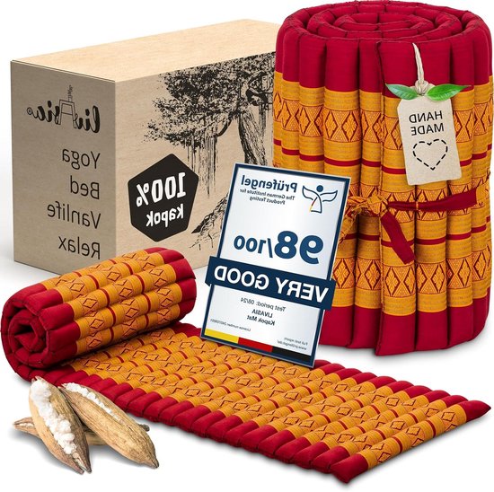 Rolmat Gastenbed - Reisbed Vloermat - Ontspannen Buiten - Handgemaakt Kapok - 210x50x4.5cm - Rood/Geel
