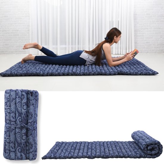 Rolmat - Vloermat futon - Ontspanning en slaap - Natuurlijke kapokvulling - 190 x 70 cm - Blauw