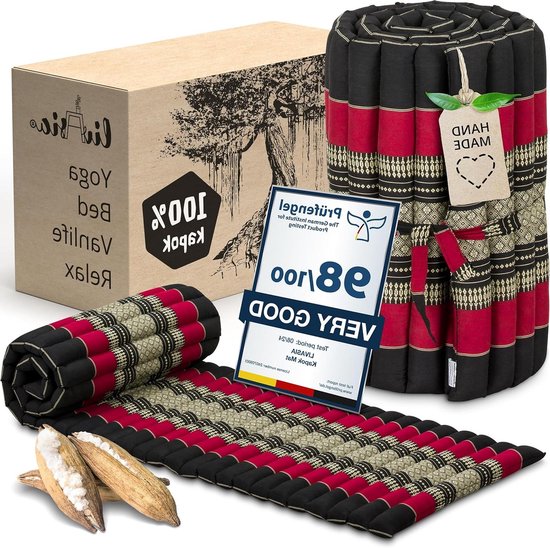Rolmatras Gastenbed - Reisbed 1 Persoon - Ontspannen Buiten - Handgemaakt Kapok Vulling - 200x50x4.5cm - Zwart Rood van Merkloos