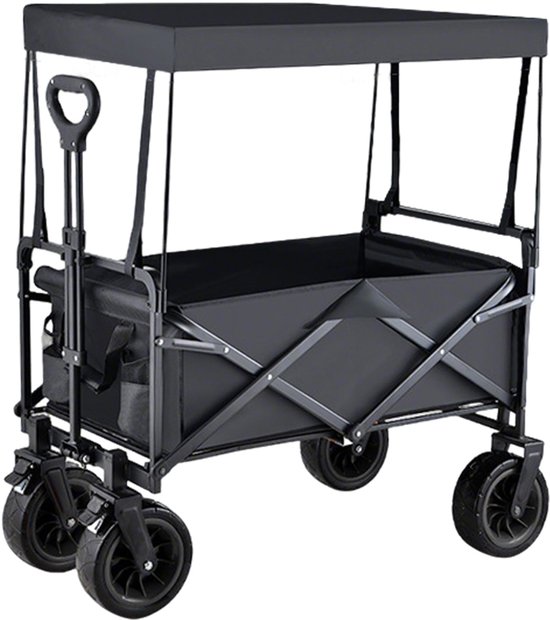 Rolu Bolderkar Met Dak – Bolderkar Opvouwbaar – 150L – 200KG Draagvermogen – Lichtgewicht – Met Duwstang – Strandkar – Zwart