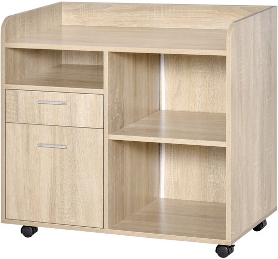 Rolwagen – Printerstandaard – Office Organizer – Mobiele Opberger – Bureauwagen – Licht Eikenhout – Verstelbare Plank – 80x40x72 cm van Merkloos