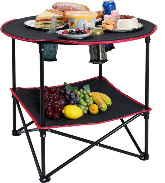 Ronde dubbeldekker campingtafel opvouwbaar lichtgewicht draagbare klaptafel met bekerhouder en draagtas tuintafel zwart van LIVOULEX