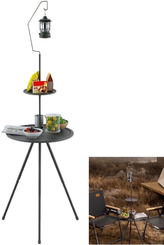 Ronde Opvouwbare Campingtafel – Dubbele Laag – Lampenhouder – Driehoekig Onderstel – Compact Design – Voor Outdoor Activiteiten En Bbq – Kleine Ronde Tafel – 1 Stuk – Zwart