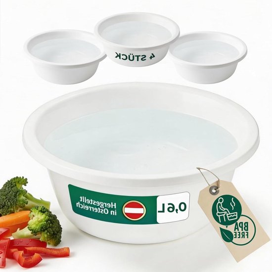 Ronde plastic kommen - Kleine wasbakken - Keukenwerk en schoonmaken - BPA-vrij en voedselveilig - 4 stuks 16 cm - Wit