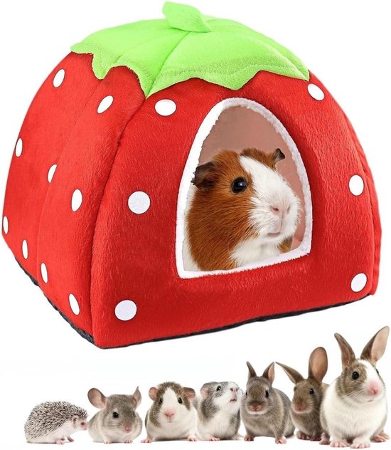 Ronte - Winterhuisje voor kleine dieren - Warm bed in aardbeiendesign - Multifunctioneel - Slaapzak met afneembare mat - Geschikt voor hond en kat - Comfortabele slaapplek - Rood - Huisdierbenodigdheden.