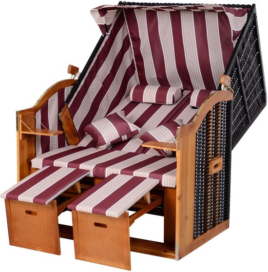 Rood-Witte 118x79x160cm Strandstoel Voor 2 Personen, Strandkorf Met 5-Voudig Verstelbare Rugleuning Tot 150°, Uitklapbare Voetensteunen, 2 Klaptafels En Zonnescherm, Strandstoel Voor Tuin, Terras En Balkon