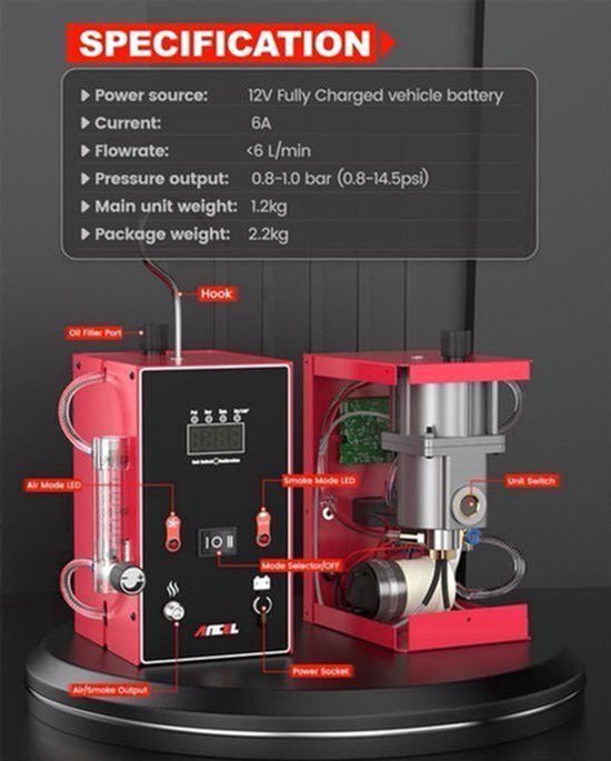 Rookmachine Auto Digitale Rookmachine Met Ingebouwde Luchtcompressor - Vacuüm En Drukmeter - Voor Brandstofleidingen En Vacuümleidingen - Compact En Lichtgewicht