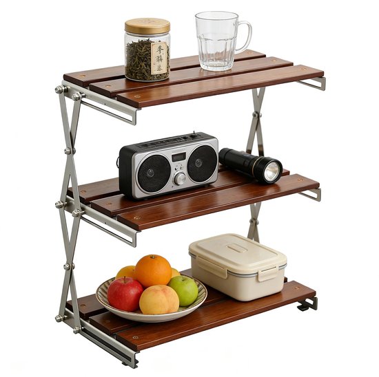 RosaBloom 3-Laags Campingkast - Opklapbare Campingtafel van Bamboe - Compact Opvouwbaar Camping Rek - 33x17.5x33 cm