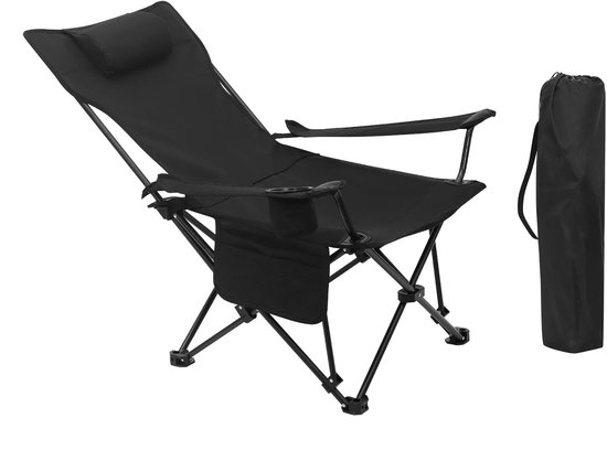 RosaBloom Campingstoel - Opvouwbare stoel - Strandstoel - Verstelbare rugleuning - Inclusief hoofdkussen - 59x83x89cm - Metaal en Oxford-stof - Zwart