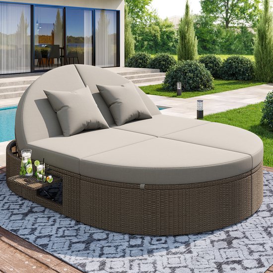 Rotan dubbele ligstoel, ligbed voor buiten, tuinstoel met zijplank, dubbele ligstoel 2-persoons klaptafel, tuin relax ligstoel, individueel verstelbare hoek buitenbank van Merkloos