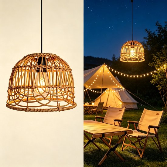 Rotan Hanglamp op Batterij – Warm Licht E27 – Afstandsbediening – Werkt op 4 AA-batterijen (niet meegeleverd) – Voor Tuin & Camping