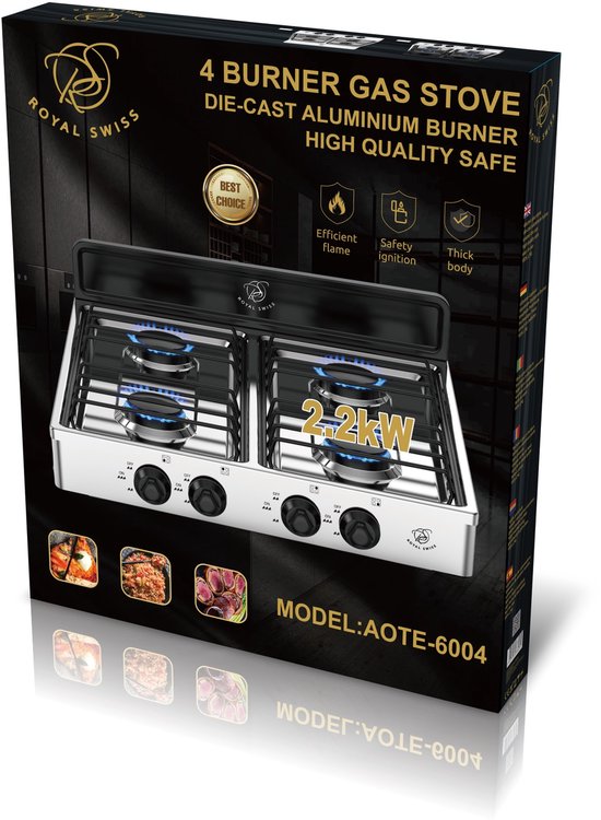 Royal Swiss® AOTE-6054 – Gasfornuis 4-pits – LPG – Aluminium Brander – Veilig & Efficiënt van Royal Swiss