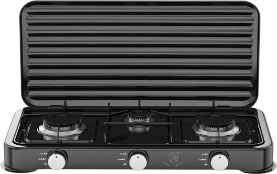 Royal Swiss® Gasfornuis 3-Pits – Gaskooktoestel met Deksel – Camping Kooktoestel – Geschikt voor Propaan en Butaan – Zwart