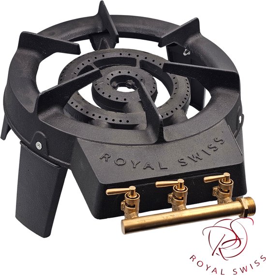 Royal Swiss® Gietijzeren Ringbrander met 3 Afzonderlijk Instelbare Kranen – Gaskookstel 9kW – Krachtige Outdoor Gasbrander voor Koken en Braden van Merkloos