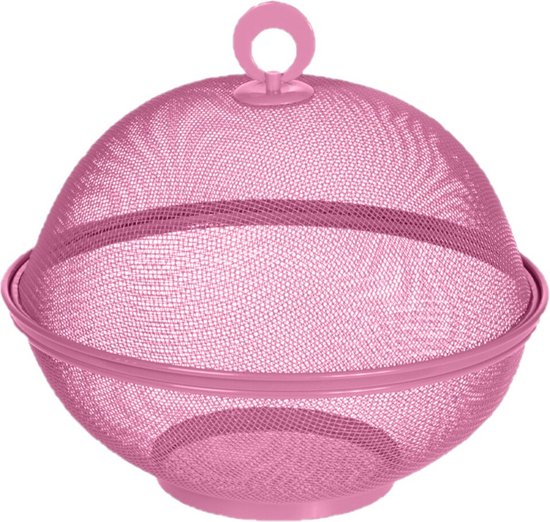Roze voedselkap/vliegenkap 2-laags metaal 25 cm - Afdekkappen/vliegenkappen met mandje - Anti vliegen fruitmand van Geen merk.