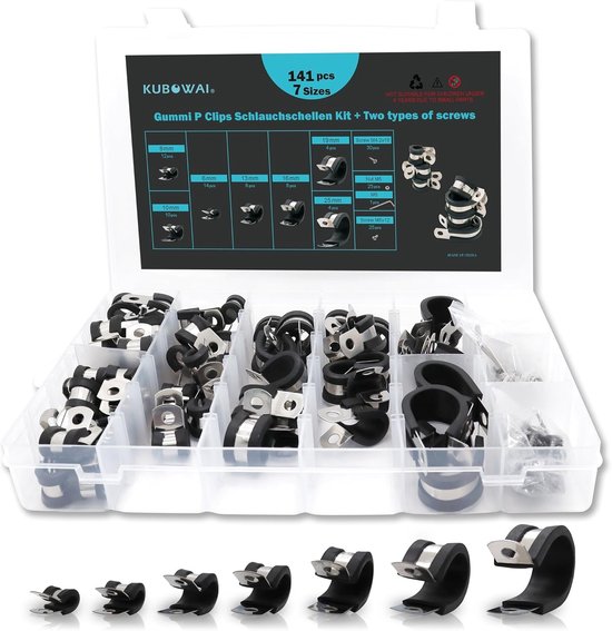 Rubber P-Clips en Slangklemmen Set van 141 Stukken, RVS Klemmen met Rubber Inleg, 7 Maten voor Slangen en Buizen